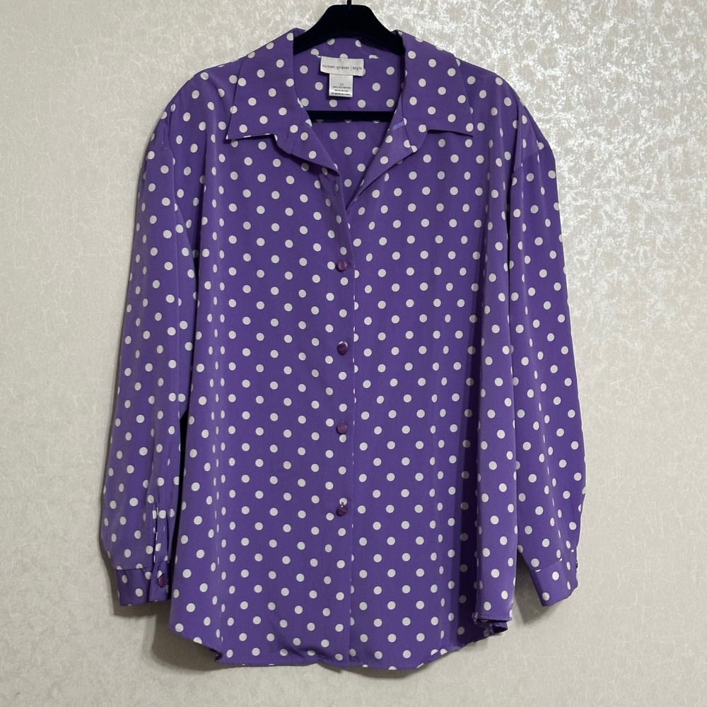 Susan Graver Purple & White Polka Dot Long Sleeve Button Down Blouse Classic 3X‎